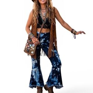 Juliette Womens Acid Wash Tie Dye Flare Jeans Blue White Bell Bottom Size 4